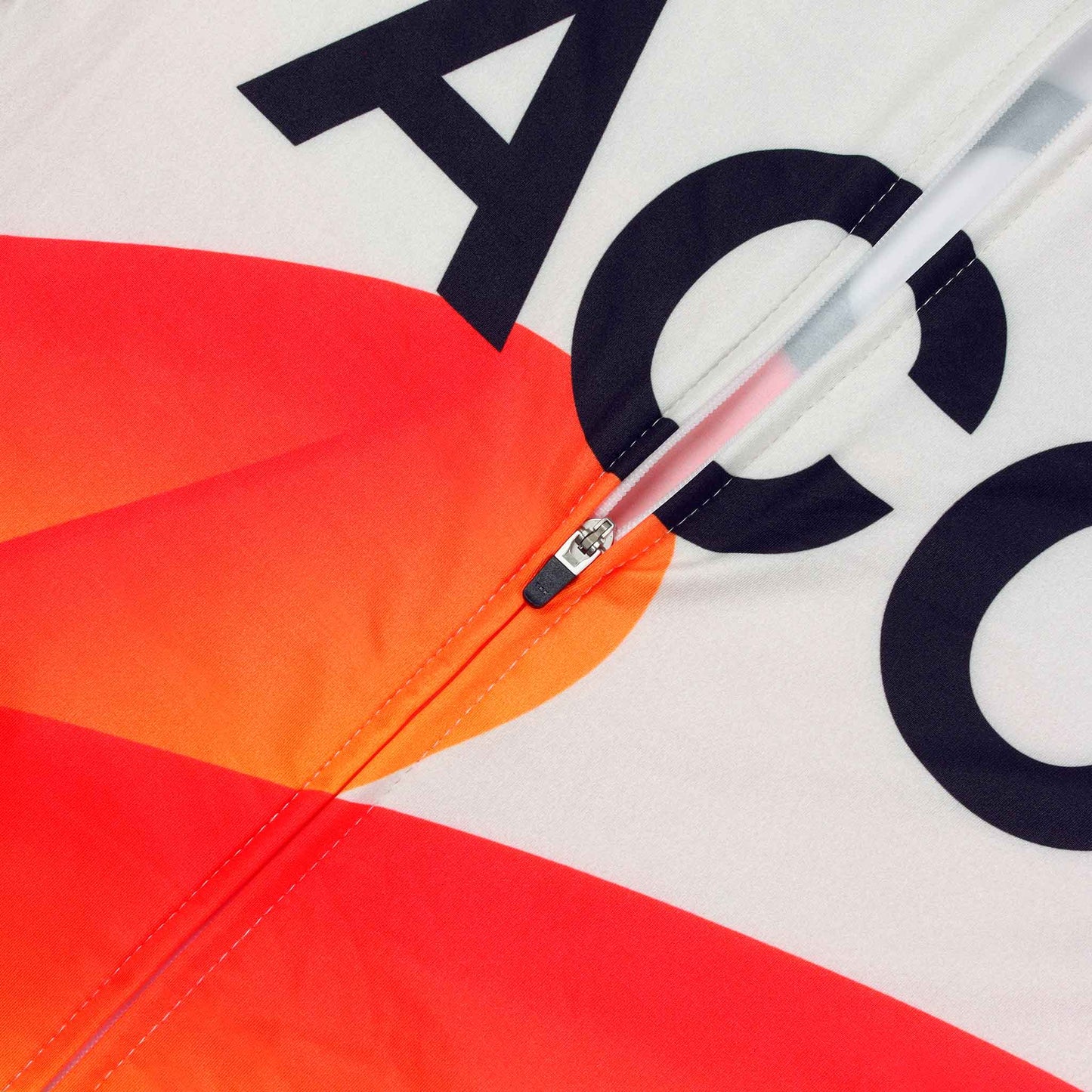 ACC Pulse LS long sleeve cycling jersey in Clouds Dancer and Orange-Red Swoosh, front YKK Zipper view