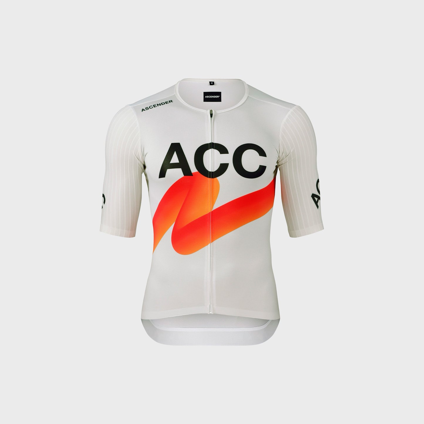 ACC Pulse short sleeve cycling jersey in Clouds Dancer and Orange-Red Swoosh, Aero sleeves and front view