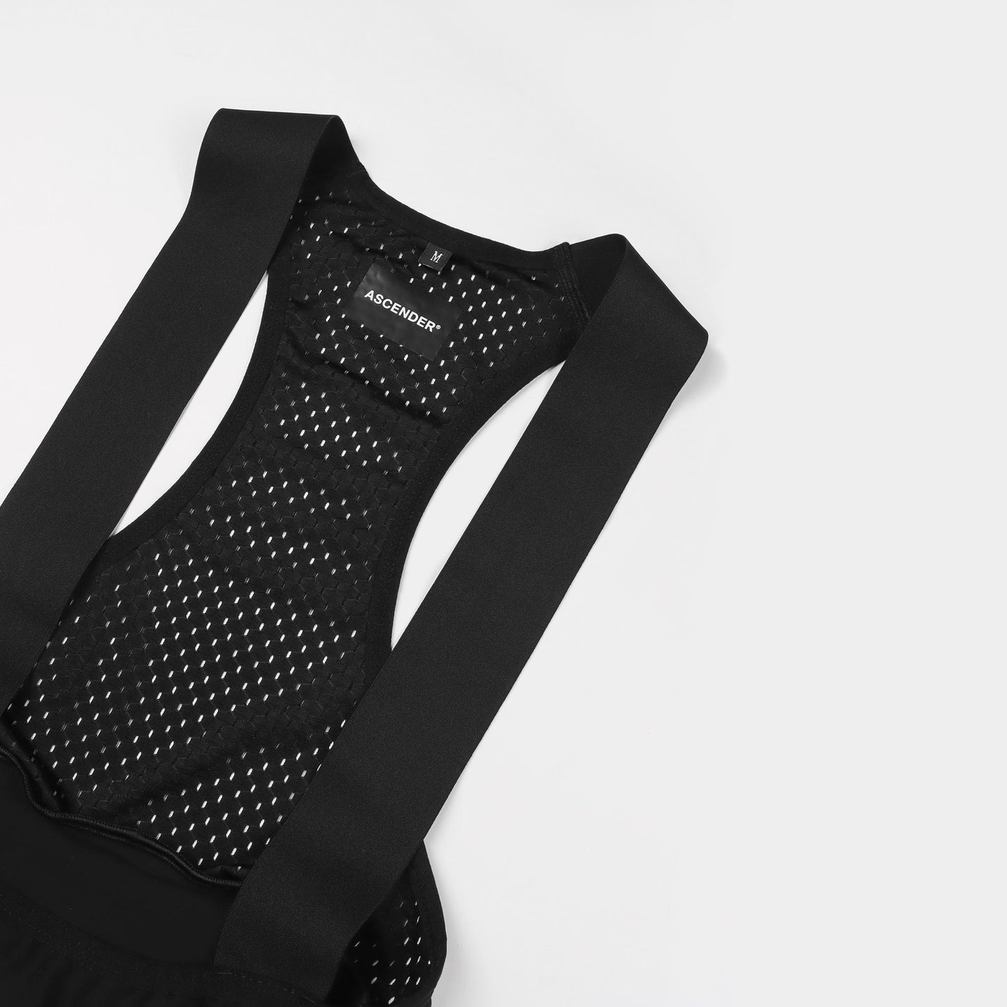 Premium bib short black bib brace and back mesh view from Ascender Switzerland