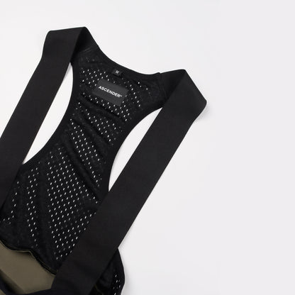 Premium bib short dark olive bib brace and back mesh view from Ascender Switzerland