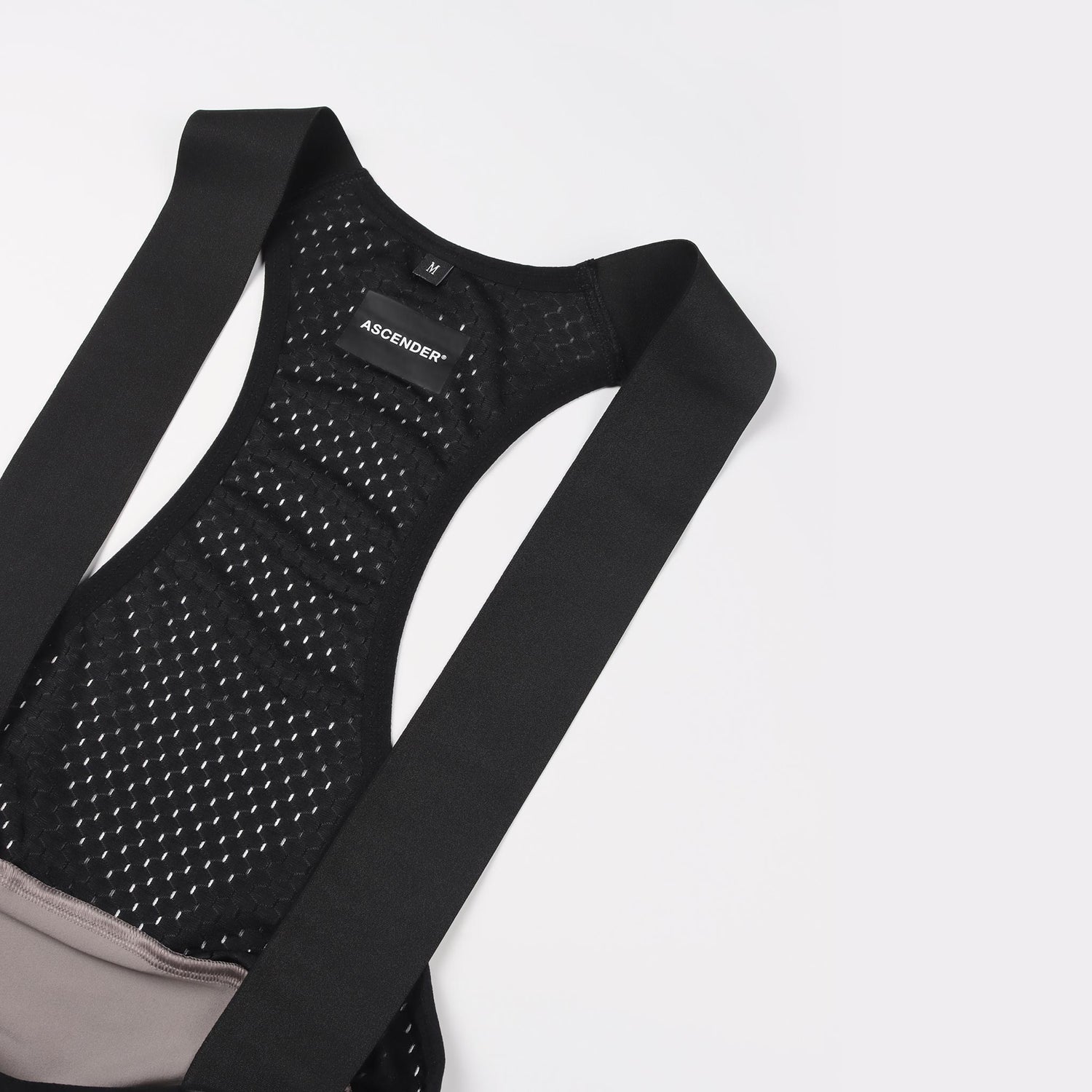 Premium bib short storm grey bib brace and back mesh view from Ascender Switzerland