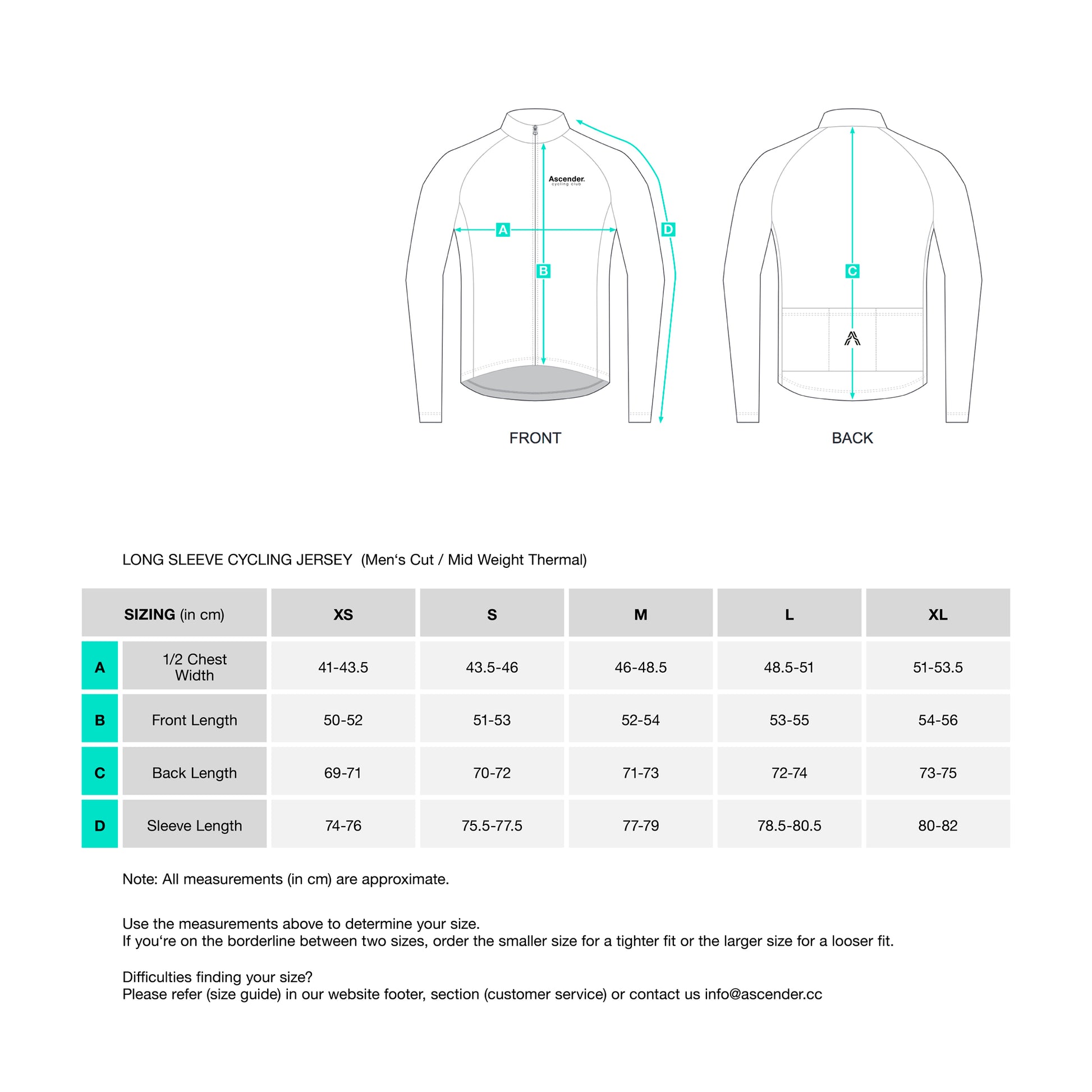 Milano Thermal Long Sleeve Jersey Navy from Ascender Cycling Club Zürich Switzerland Size Chart