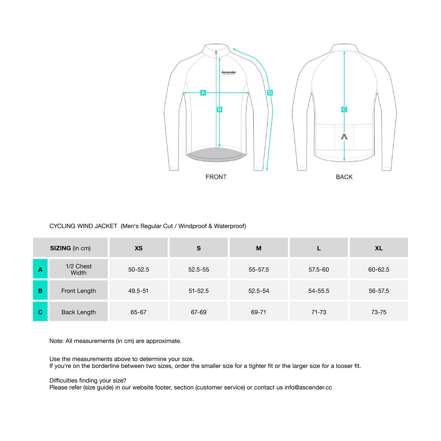 Aquarius Windproof and Waterproof Shield Jacket from Ascender Cycling Club in Zürich Switzerland Size Chart 2022