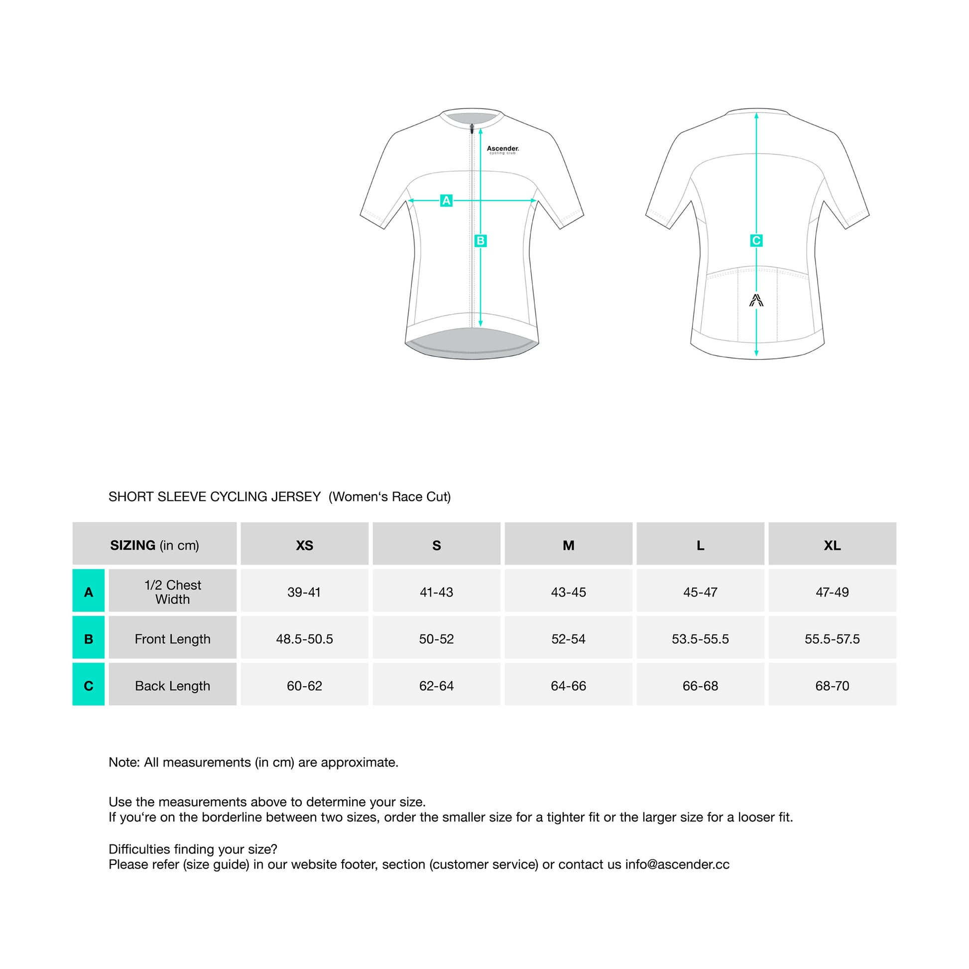 Yukimi Short Sleeve Jersey for Women by Ascender Cycling Club in Zürich Switzerland Tableau des tailles pour les femmes