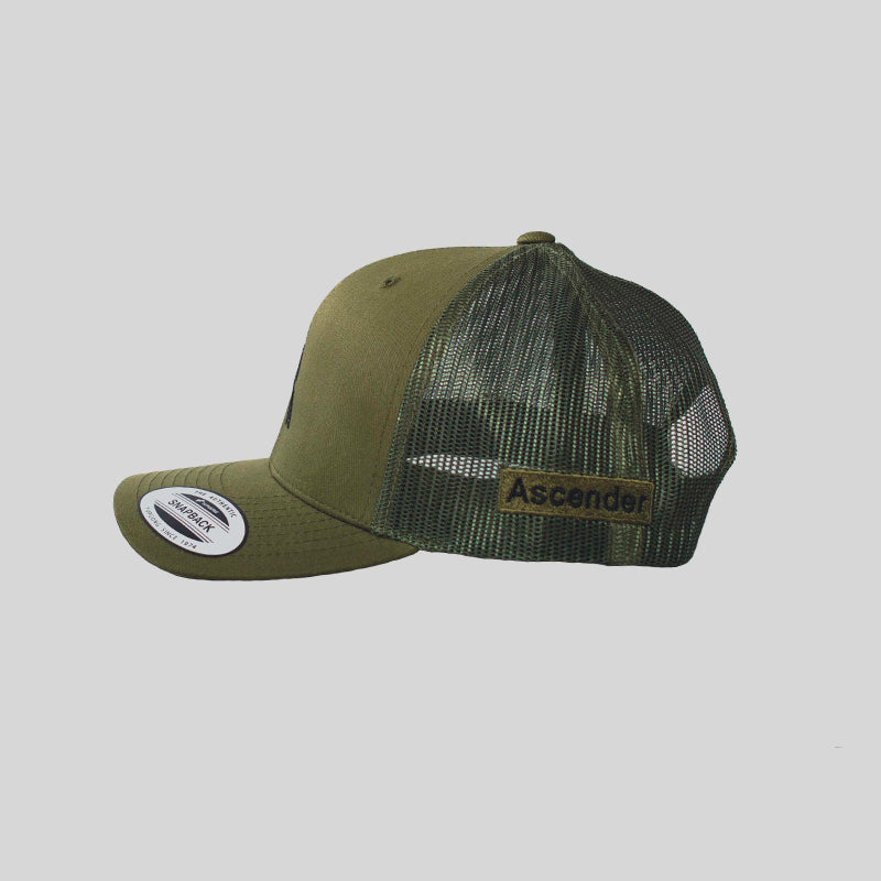Embroidery Retro Trucker Cap Olive by Ascender Cycling Club Zürich Switzerland Side View