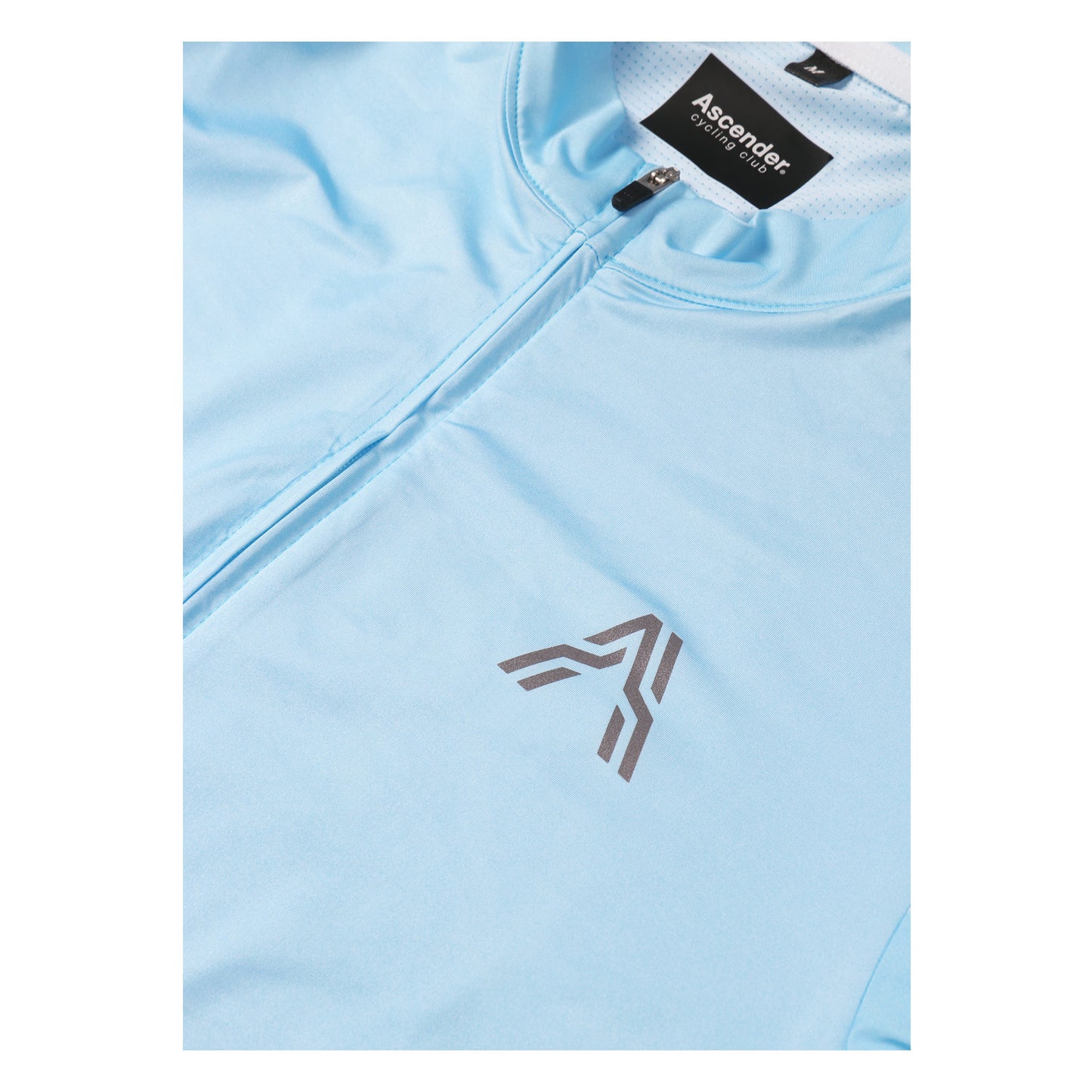 The retro-inspired Astro jersey Sky Blue from Ascender Cycling Club Switzerland Frontside View & Reflective Logo