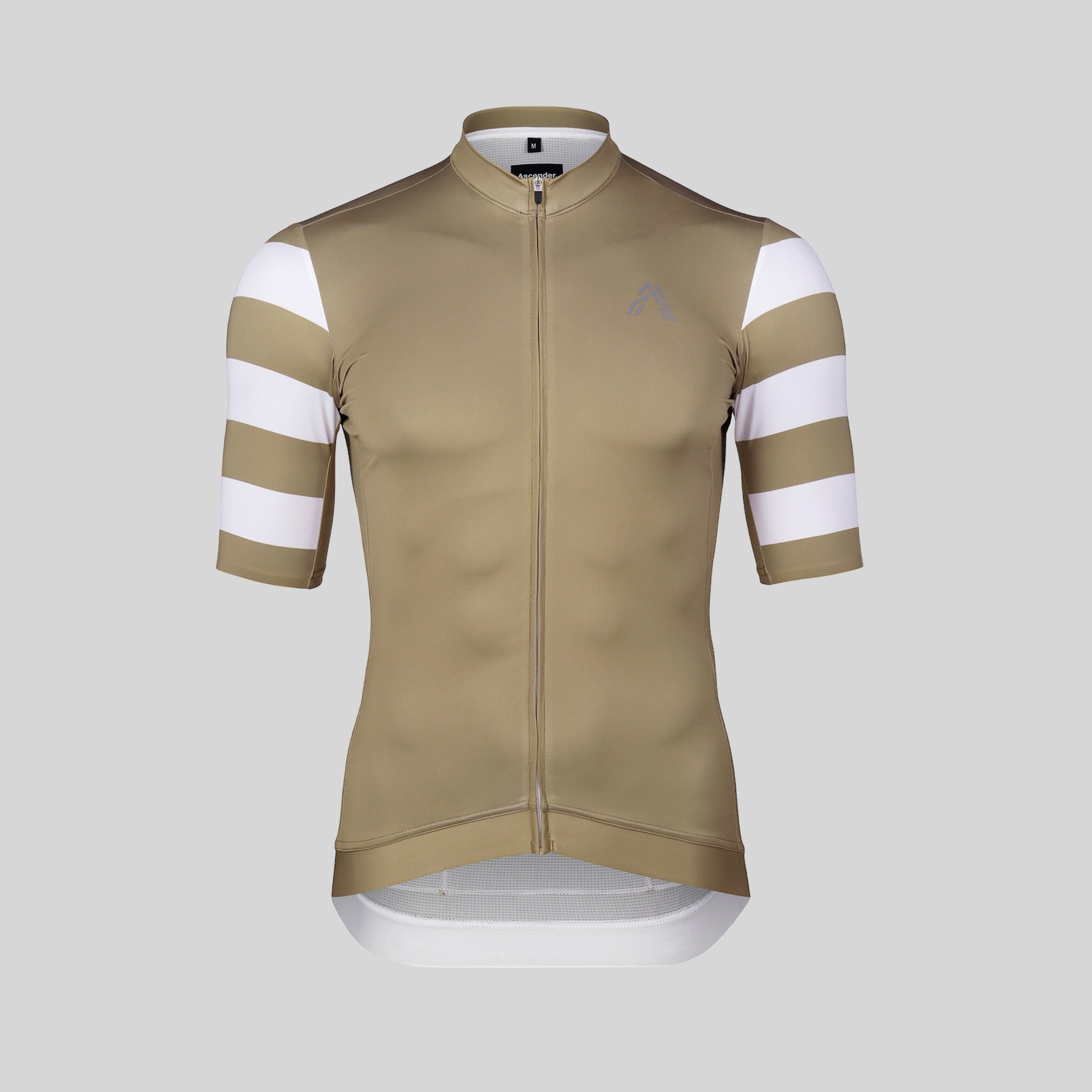 The retro-inspired Astro jersey Mystic Gold from Ascender Cycling Club Switzerland Frontside Monogram Logo View