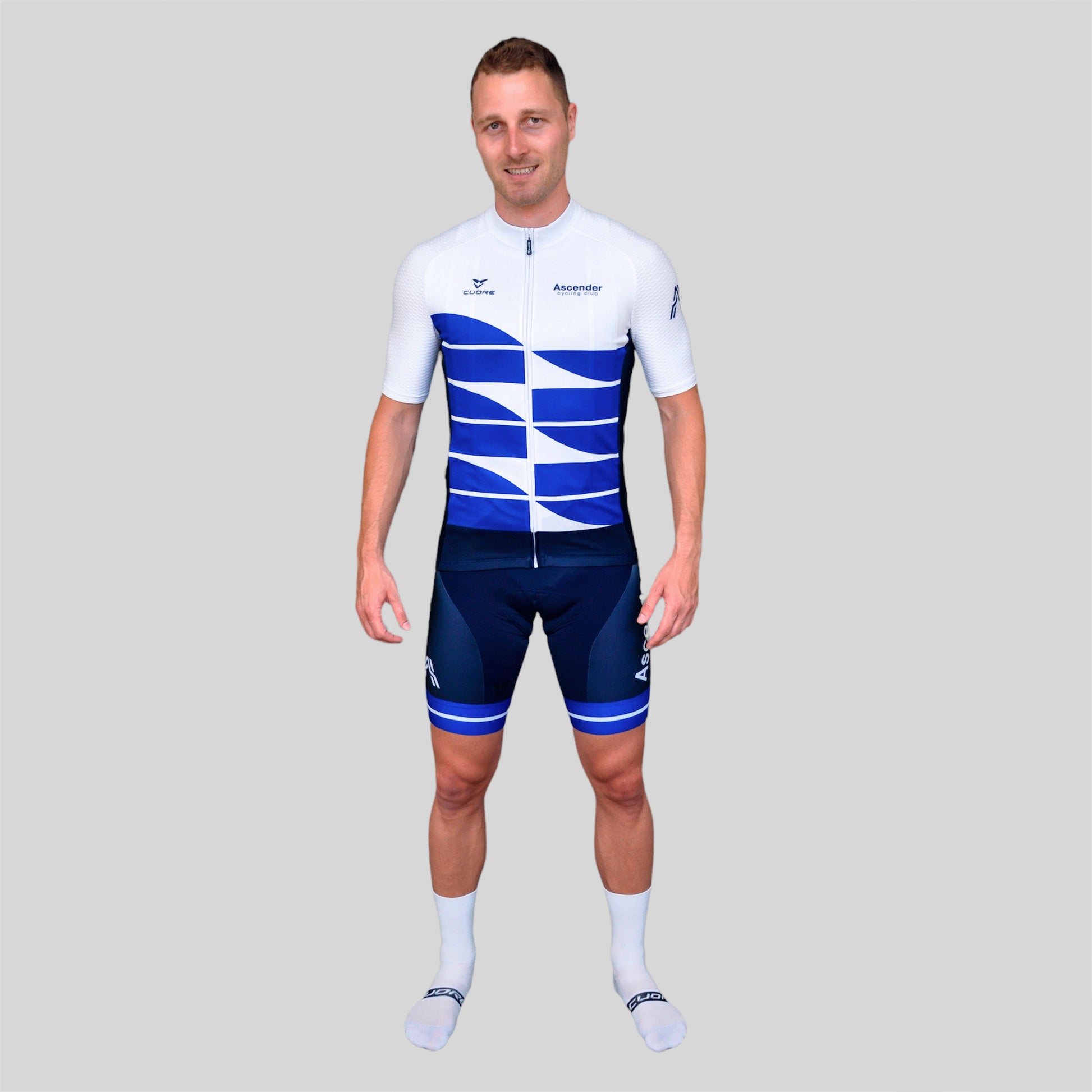 Mountain Edition Bibshort Blue from Ascender Cycling Club Zürich and Cuore of Switzerland Global Front with Jersey View