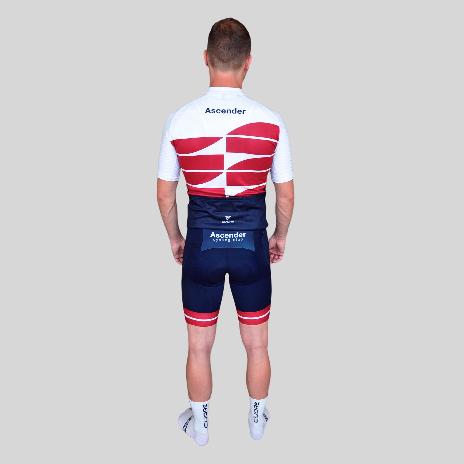 Mountain Edition Bibshort Bordeaux from Ascender Cycling Club Zürich and Cuore of Switzerland Global Back with Jersey View