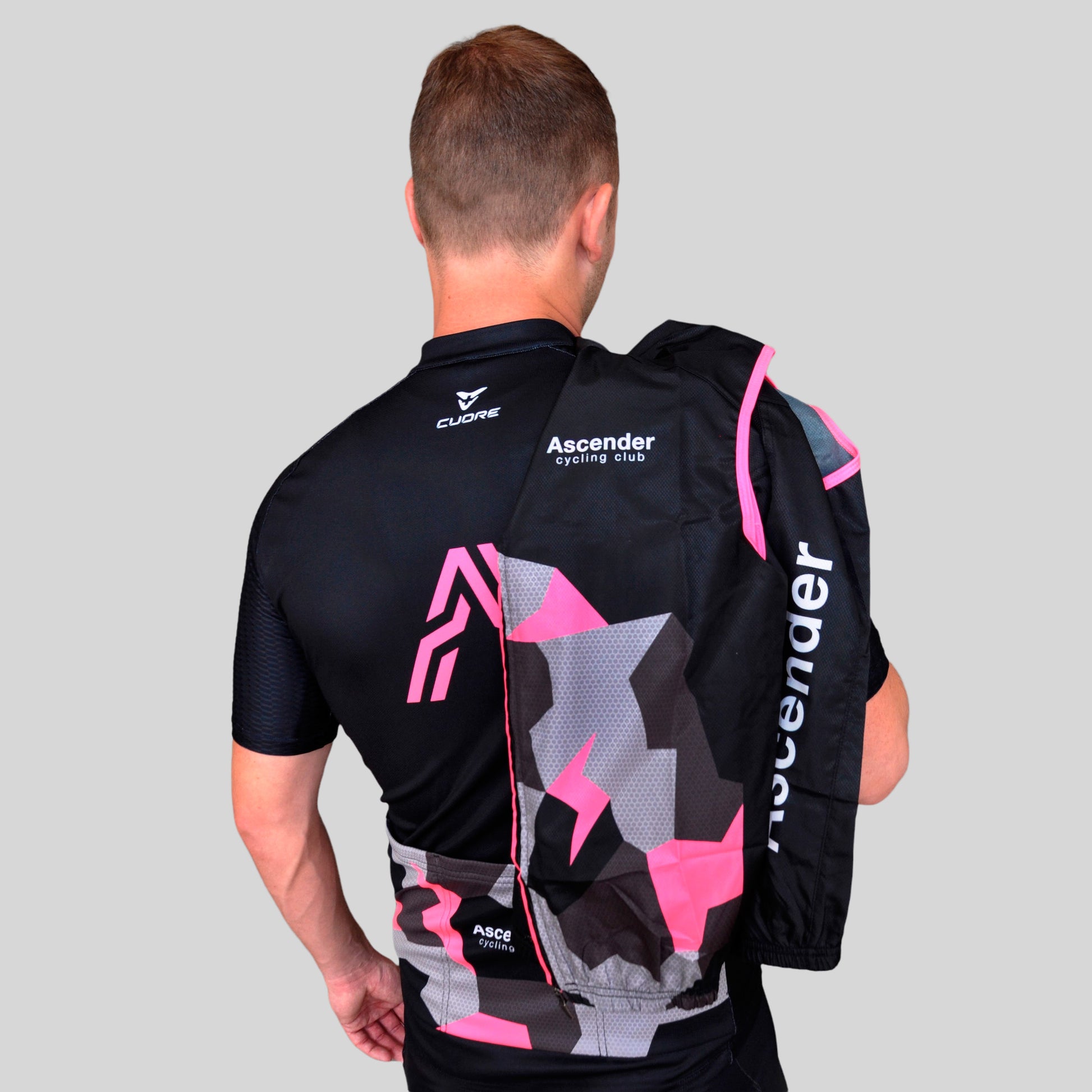 LB Camo Pink Windshield Mesh Vest from Ascender Cycling Club and Cuore of Switzerland Intro View
