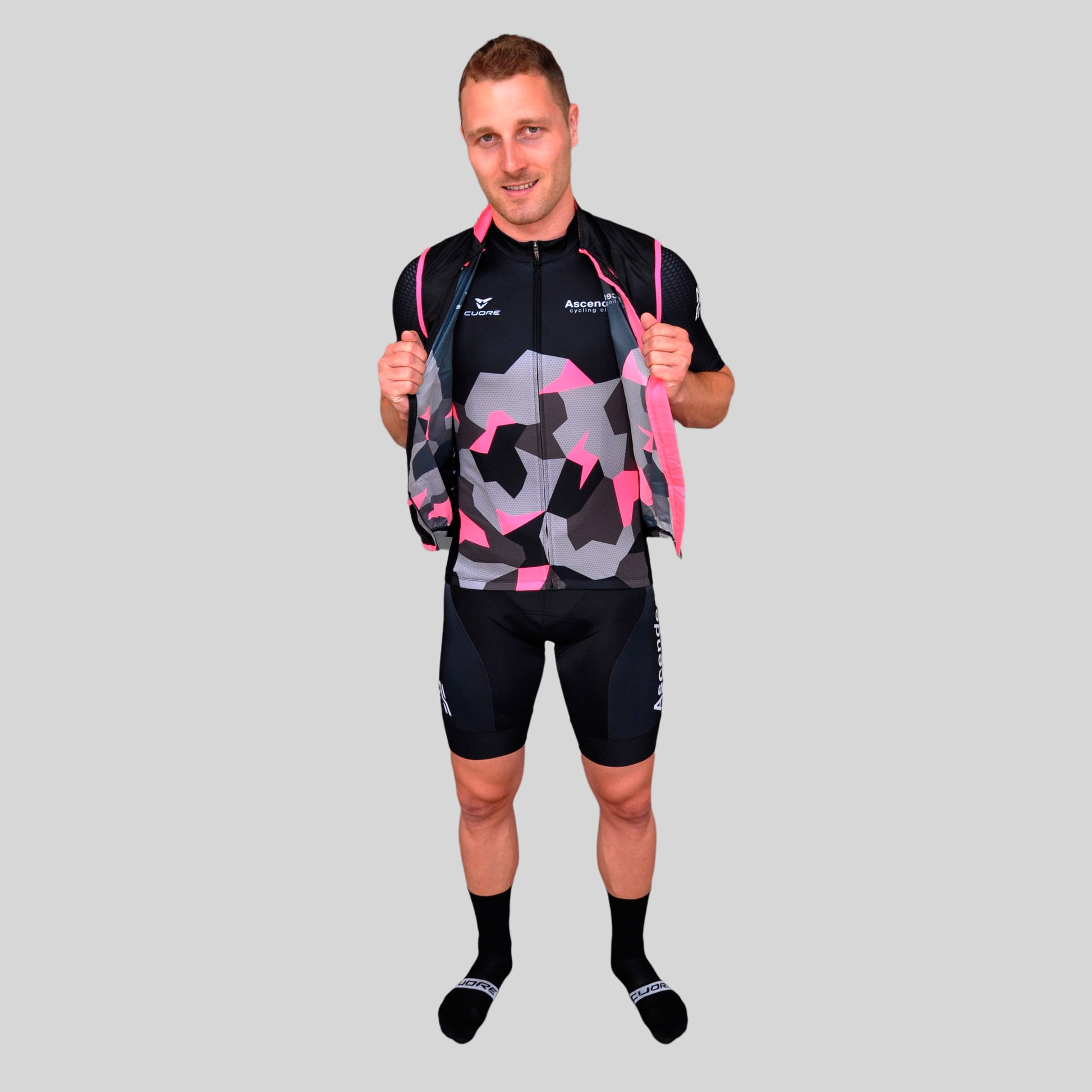 LB Camo Pink Windshield Mesh Vest from Ascender Cycling Club and Cuore of Switzerland Global Front Open View