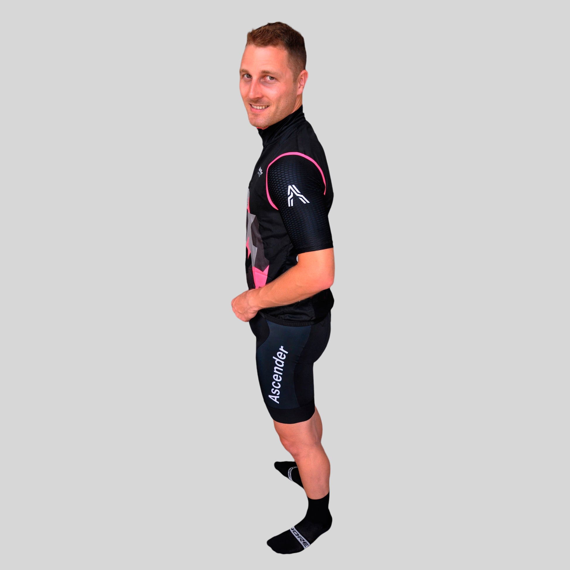 LB Camo Pink Windshield Mesh Vest from Ascender Cycling Club and Cuore of Switzerland Side Monogram View