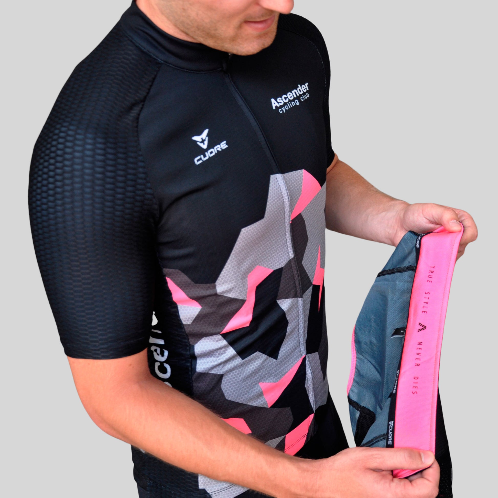 LB Camo Pink Windshield Mesh Vest from Ascender Cycling Club and Cuore of Switzerland Collar View