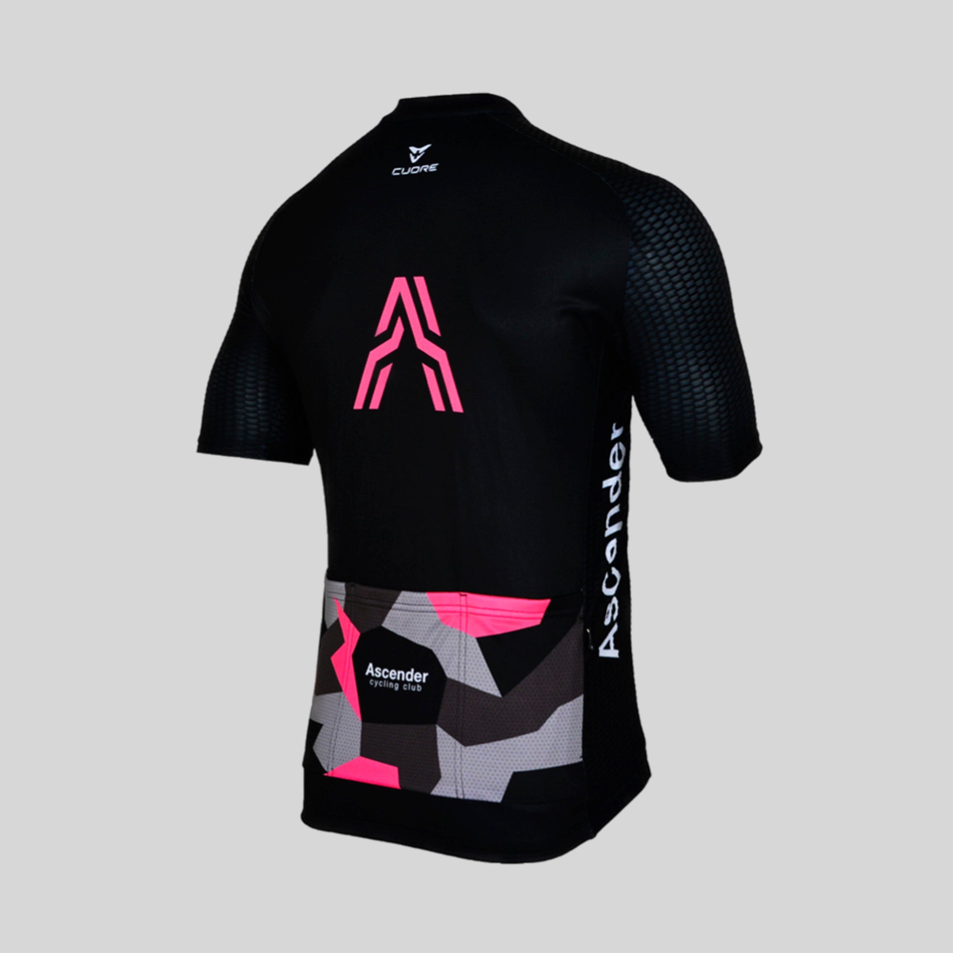 Lightning Bolt Camo Neon Pink Short Sleeves Jersey from Ascender Cycling Club 3D Back View