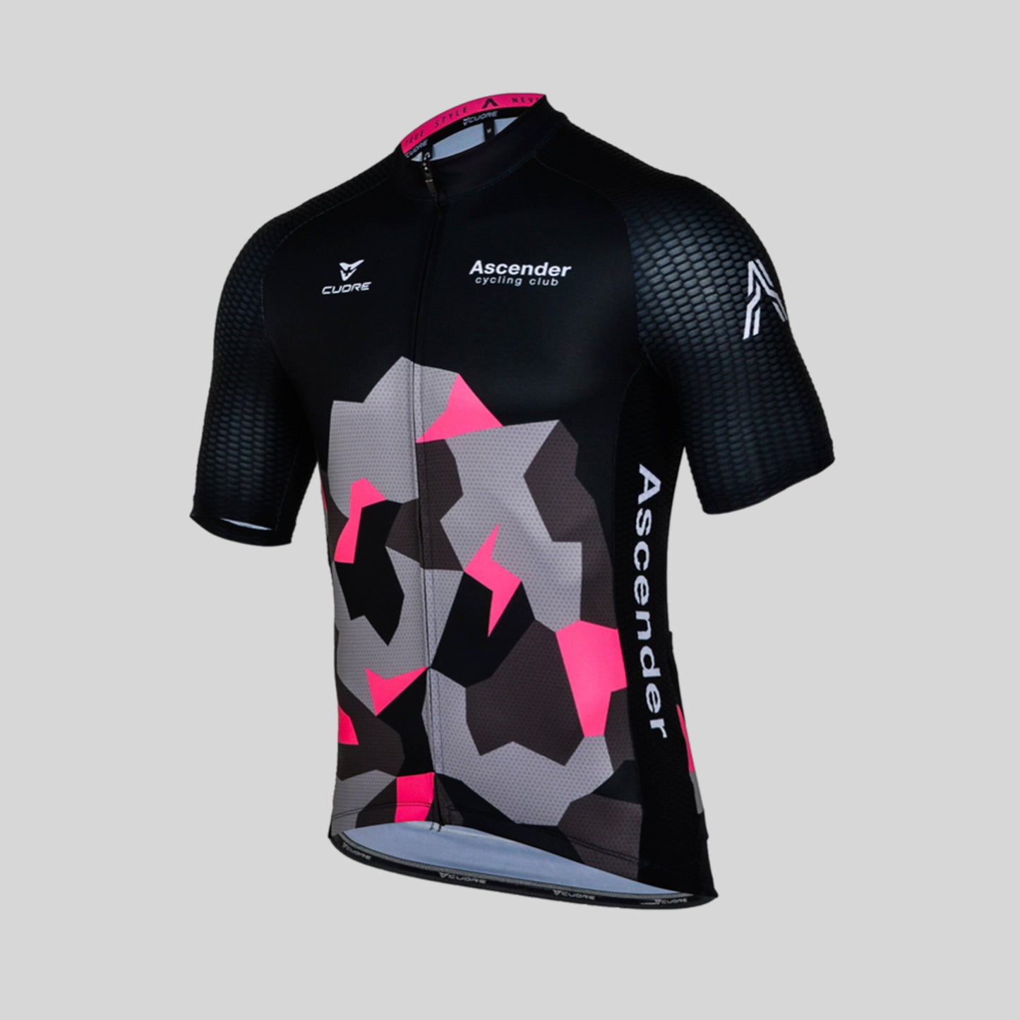 Lightning Bolt Camo Neon Pink Short Sleeves Jersey from Ascender Cycling Club 3D Front View