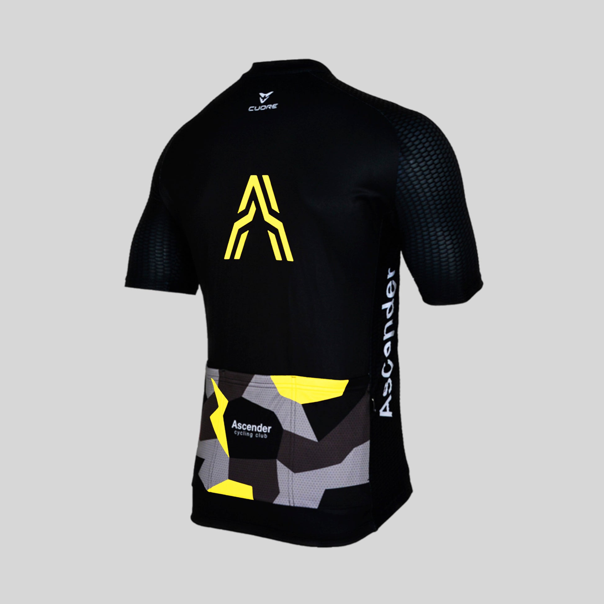 Lightning Bolt Camo Neon Yellow Short Sleeves Jersey from Ascender Cycling Club 3D Back View