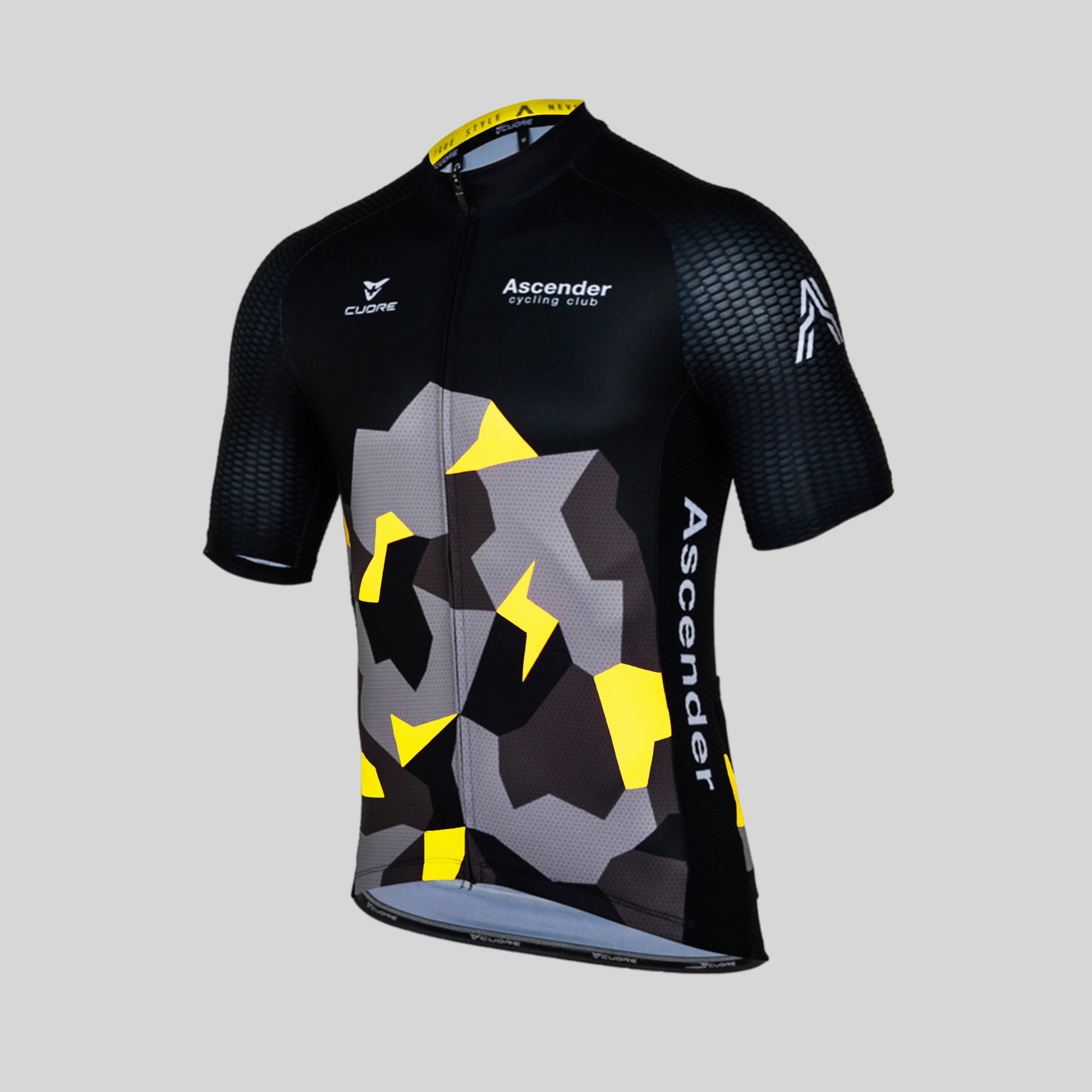 Lightning Bolt Camo Neon Yellow Short Sleeves Jersey from Ascender Cycling Club 3D Front View