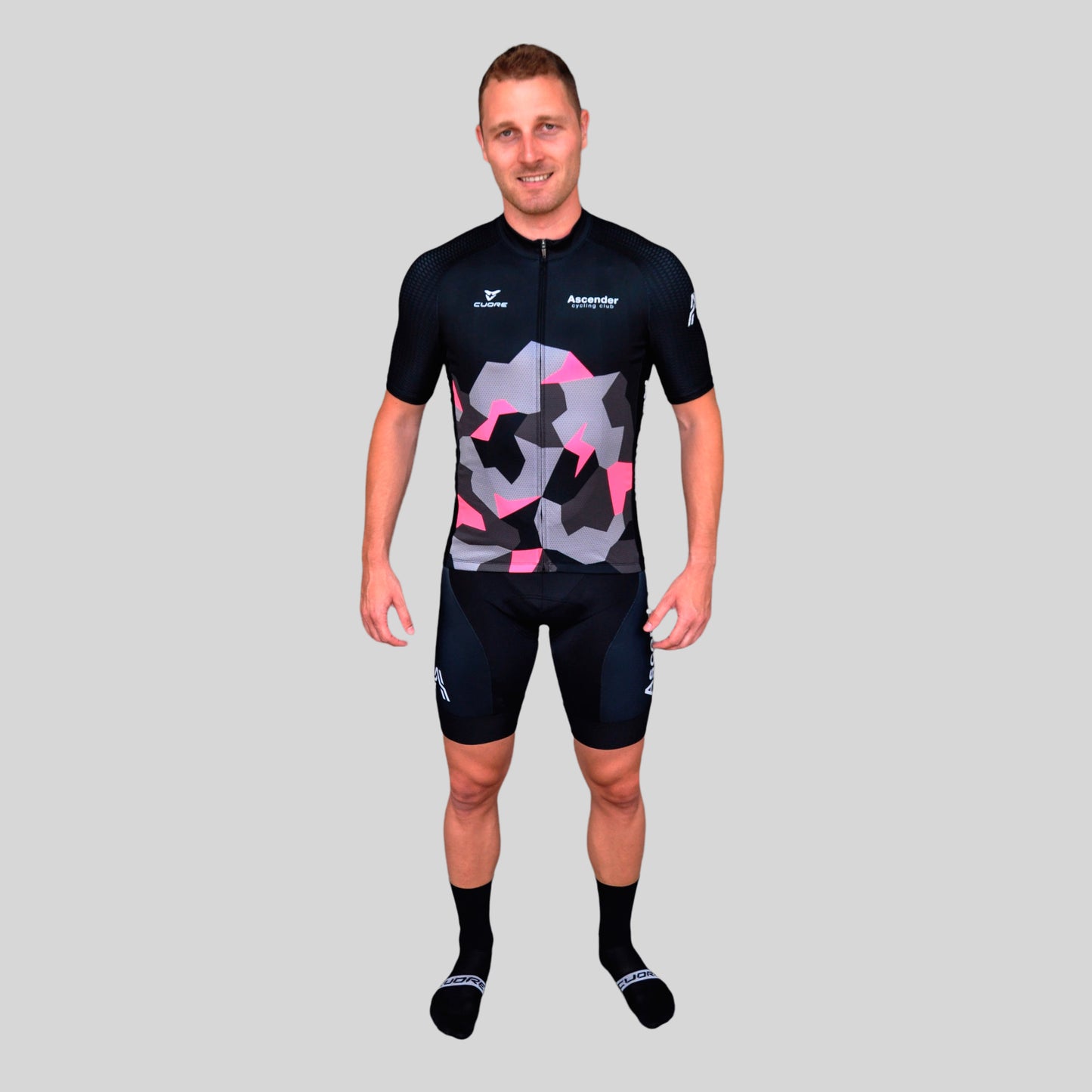 Lightning Bolt Camo Neon Pink Short Sleeves Jersey from Ascender Cycling Club Front Global