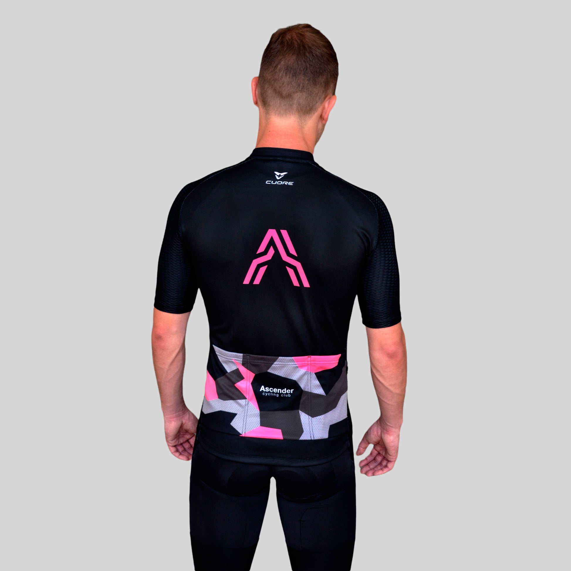 Lightning Bolt Camo Neon Pink Short Sleeves Jersey from Ascender Cycling Club Back Global