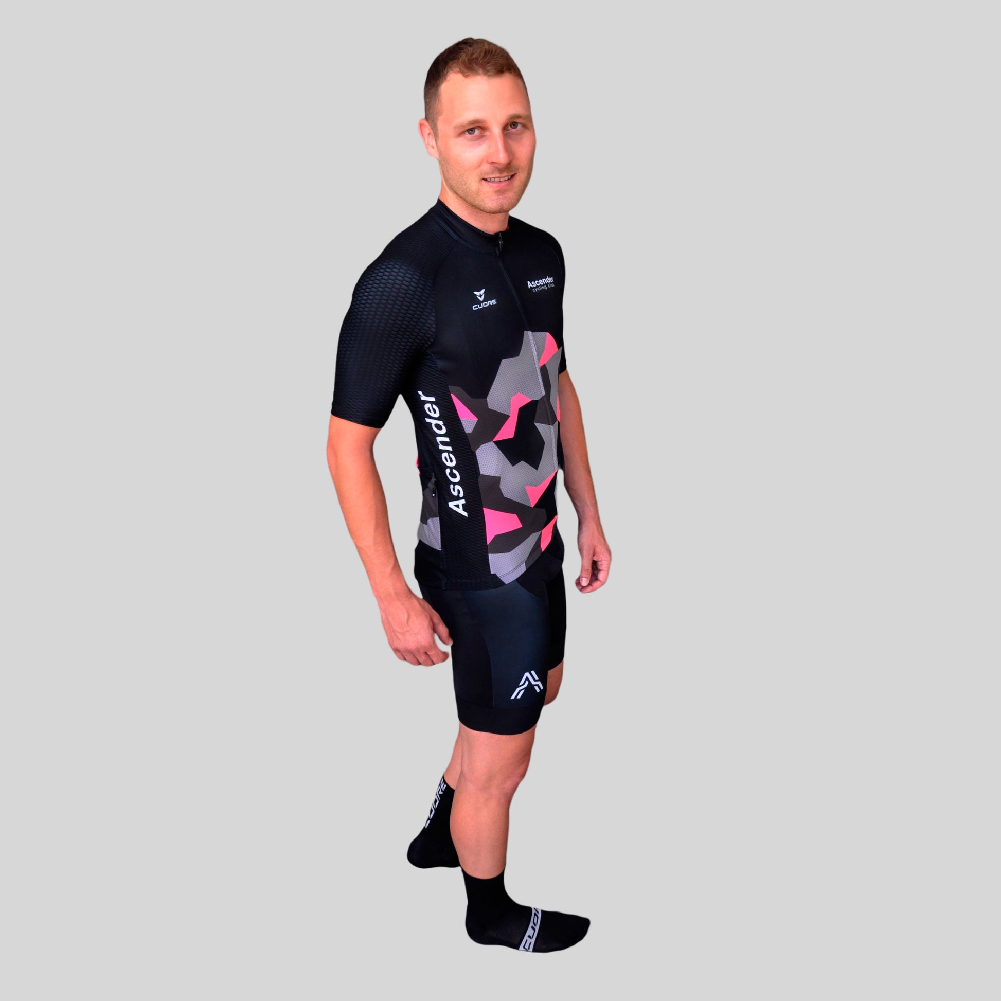 Lightning Bolt Camo Neon Pink Short Sleeves Jersey from Ascender Cycling Club Side Ascender