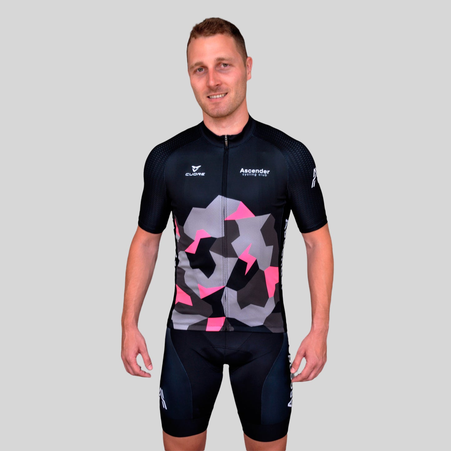 Lightning Bolt Camo Neon Pink Short Sleeves Jersey from Ascender Cycling Club Front Zoom Global View