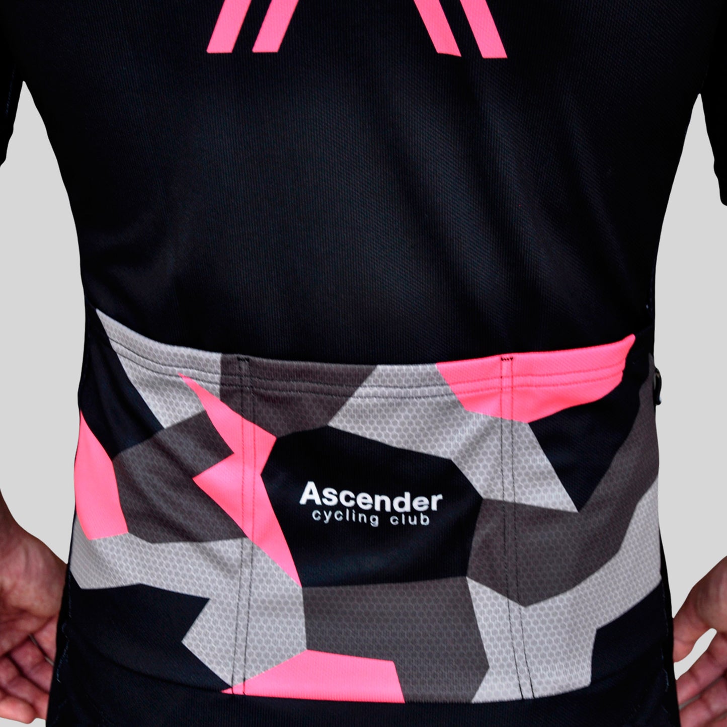 Lightning Bolt Camo Neon Pink Short Sleeves Jersey from Ascender Cycling Club Back Zoom