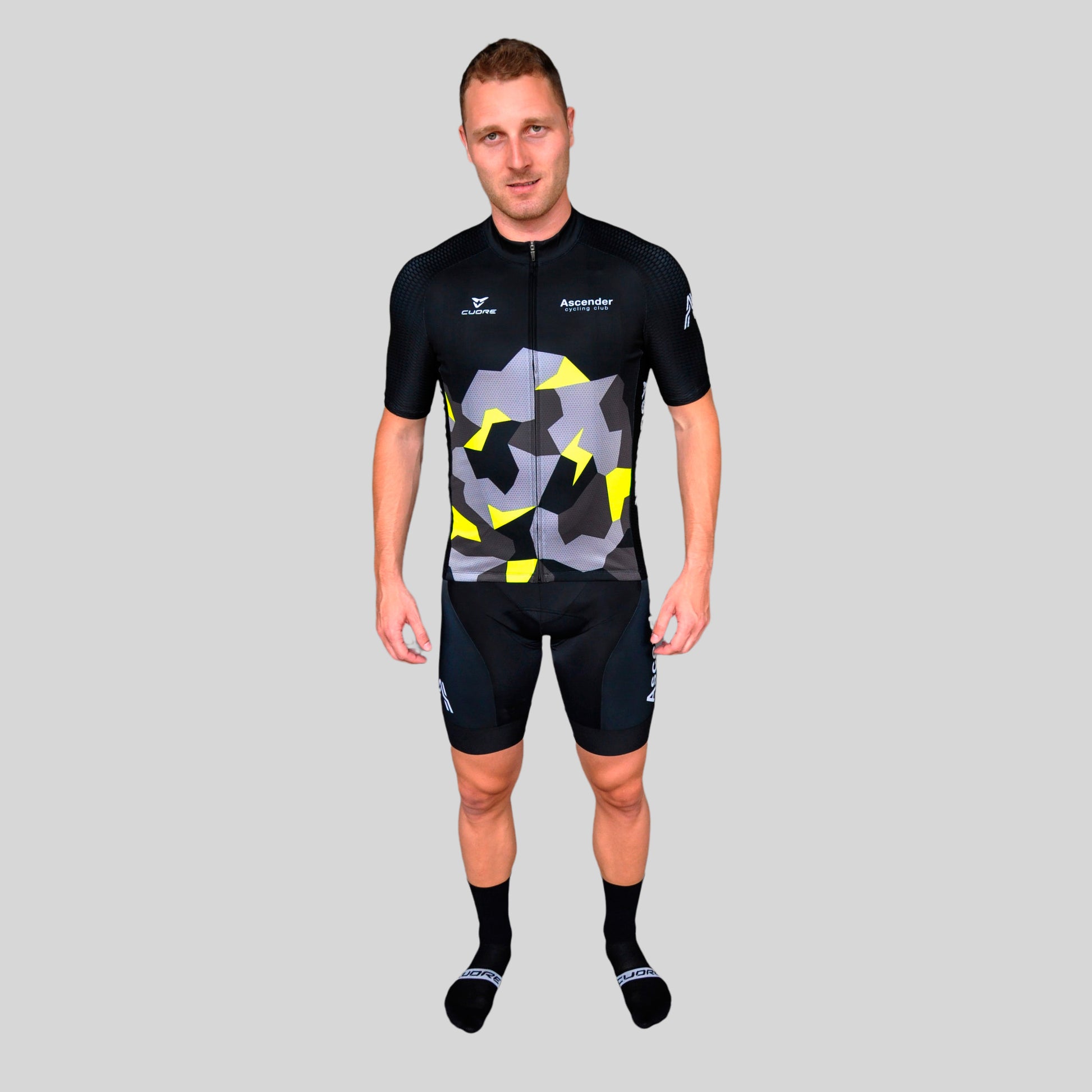 Lightning Bolt Camo Neon Yellow Short Sleeves Jersey from Ascender Cycling Club Front Global