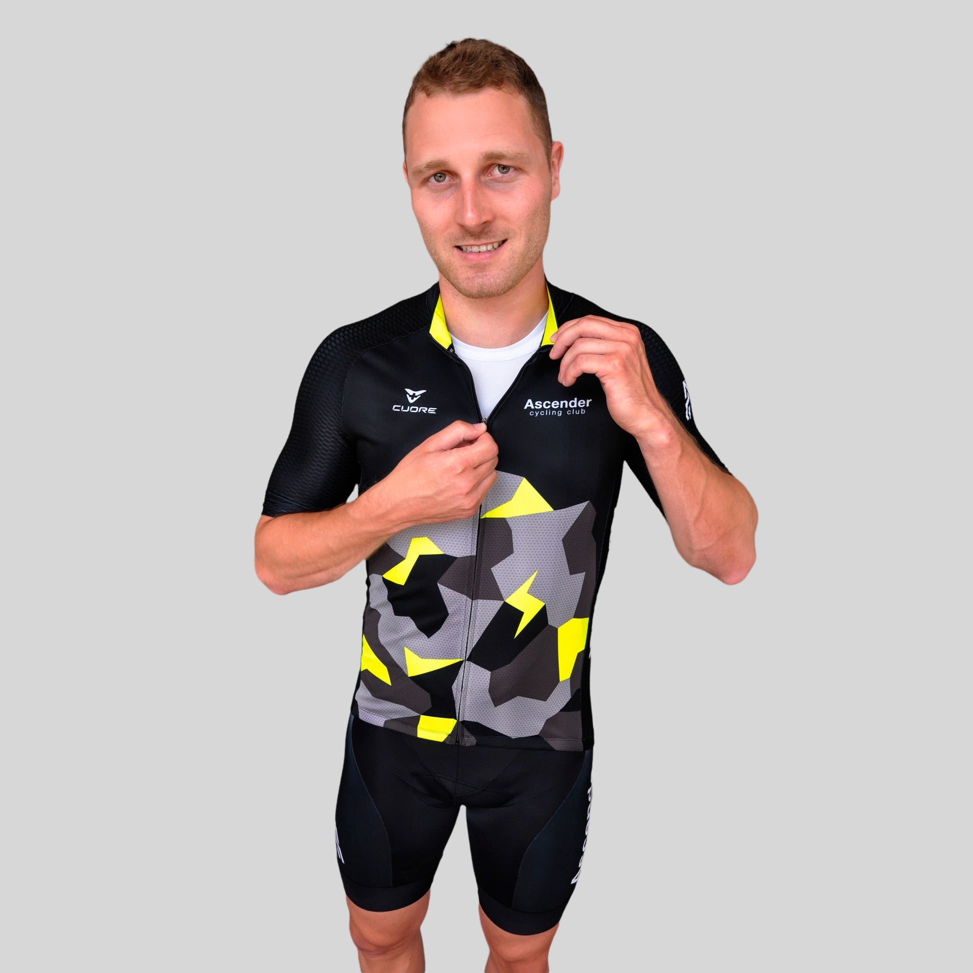 Lightning Bolt Camo Neon Yellow Short Sleeves Jersey from Ascender Cycling Club Front Zoom