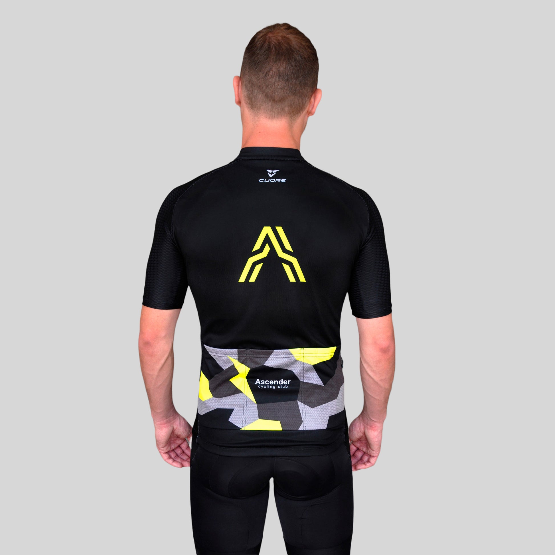 Lightning Bolt Camo Neon Yellow Short Sleeves Jersey from Ascender Cycling Club Back Zoom