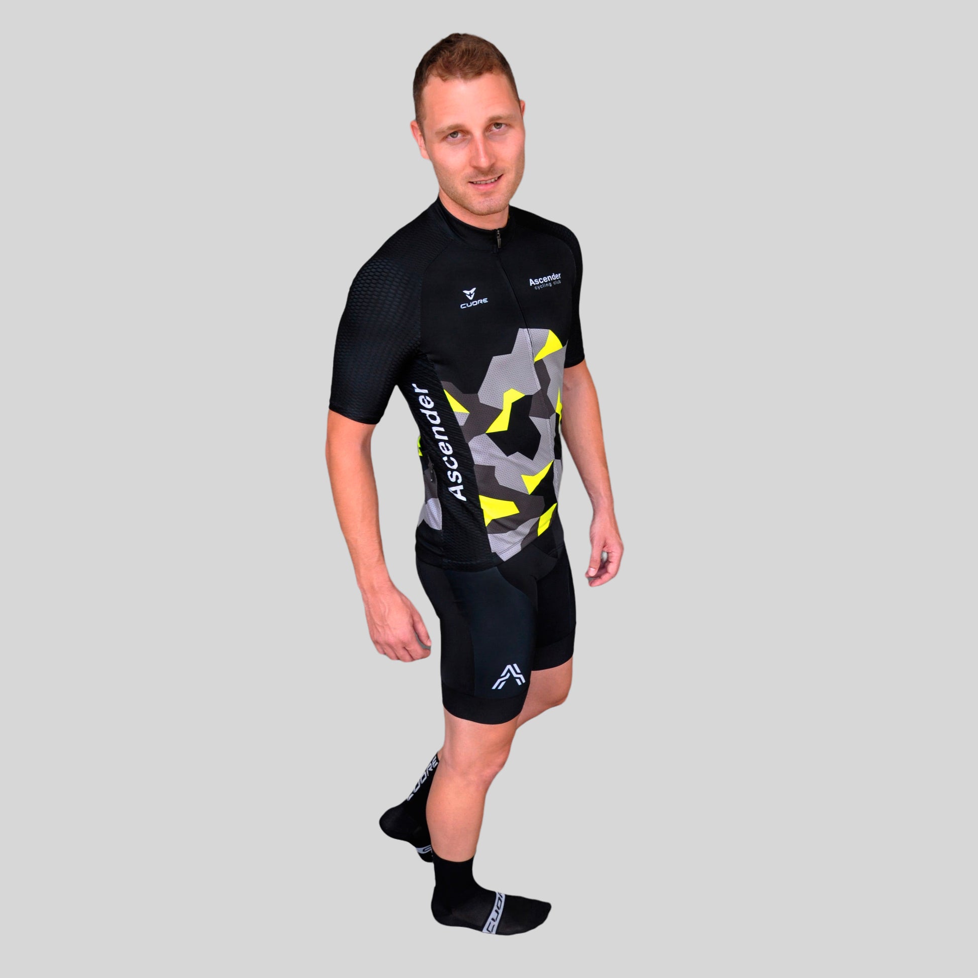 Lightning Bolt Camo Neon Yellow Short Sleeves Jersey from Ascender Cycling Club Side Monogram