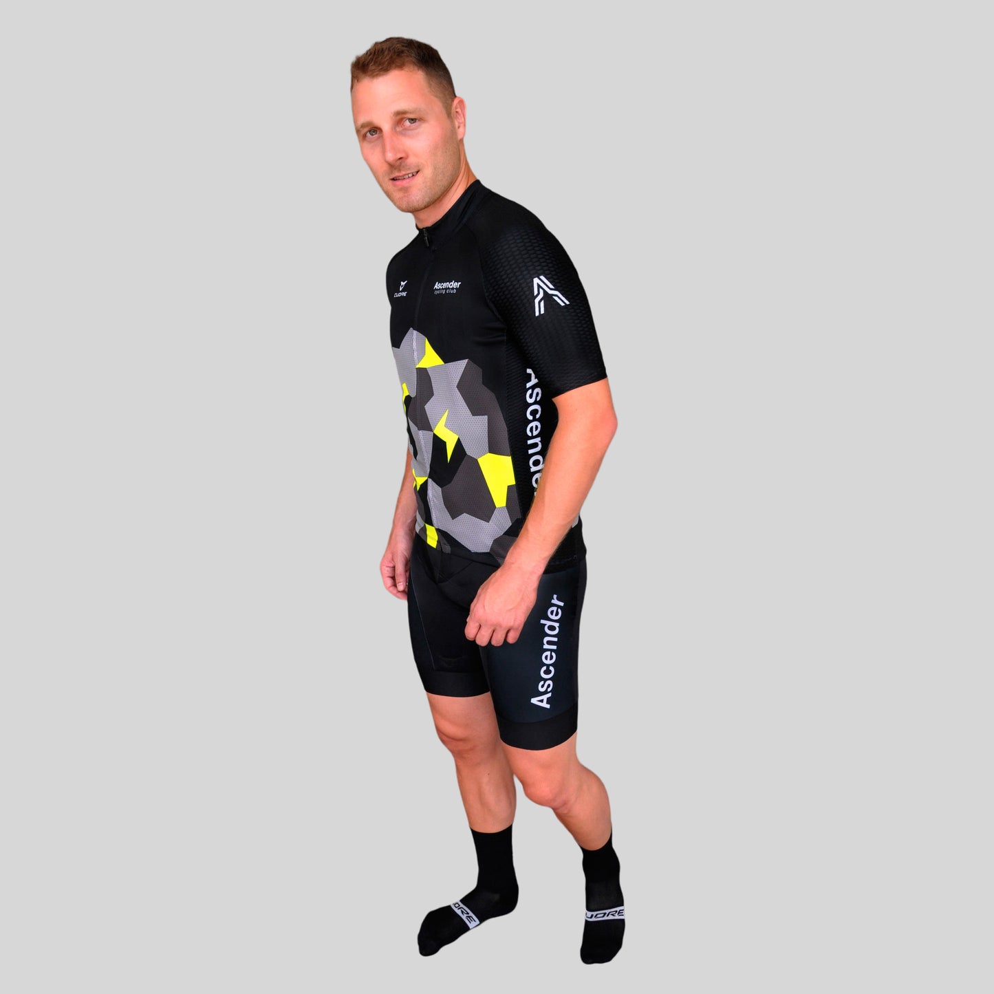 Lightning Bolt Camo Neon Yellow Short Sleeves Jersey from Ascender Cycling Club Side Ascender