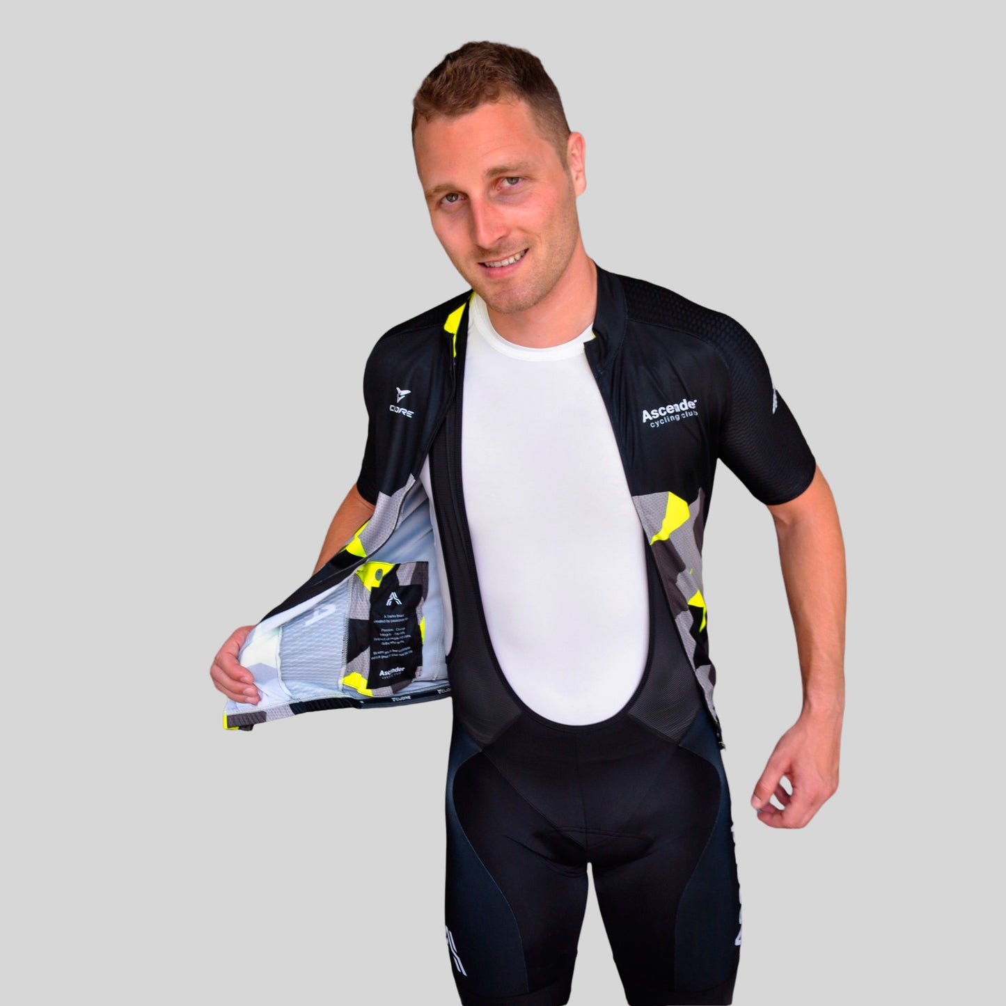 Lightning Bolt Camo Neon Yellow Short Sleeves Jersey from Ascender Cycling Club Front Communication Pocket Global
