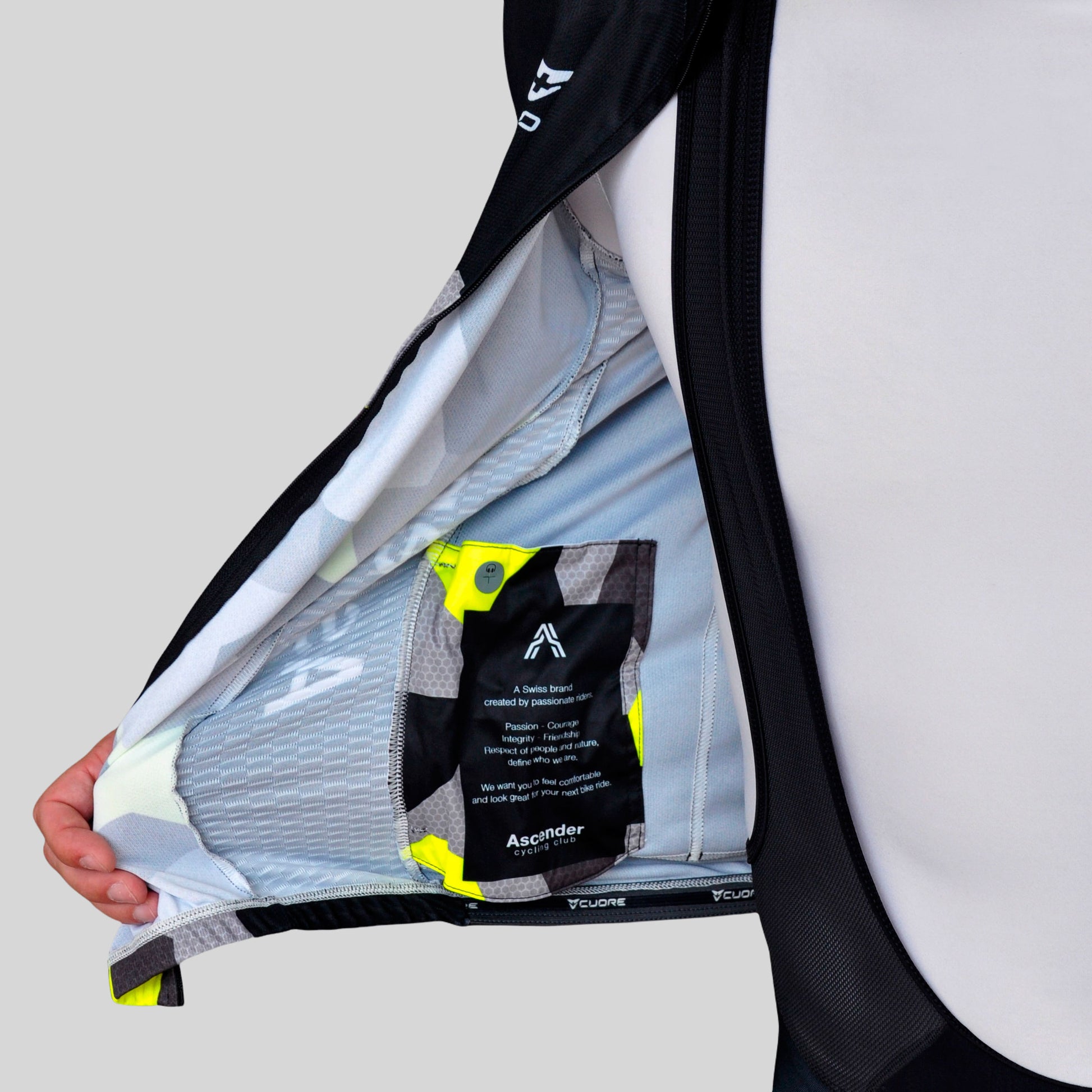 Lightning Bolt Camo Neon Yellow Short Sleeves Jersey from Ascender Cycling Club Communication Pocket Zoom