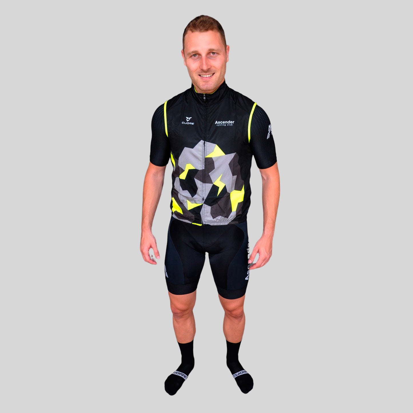 LB Camo Yellow Windshield Mesh Vest from Ascender Cycling Club and Cuore of Switzerland Global Front View
