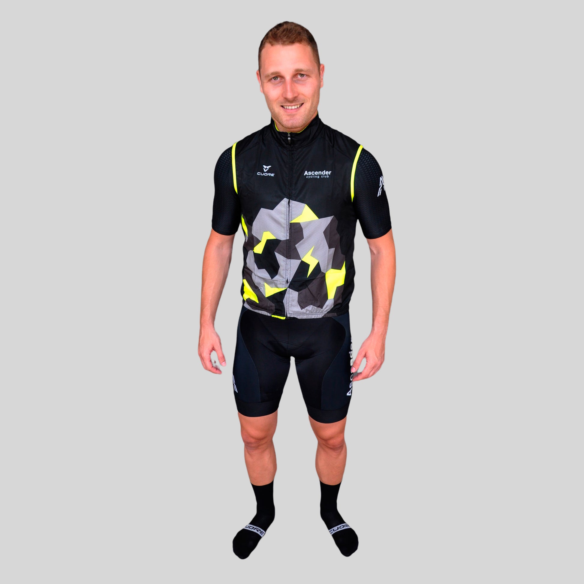 LB Camo Yellow Windshield Mesh Vest from Ascender Cycling Club and Cuore of Switzerland Global Front View
