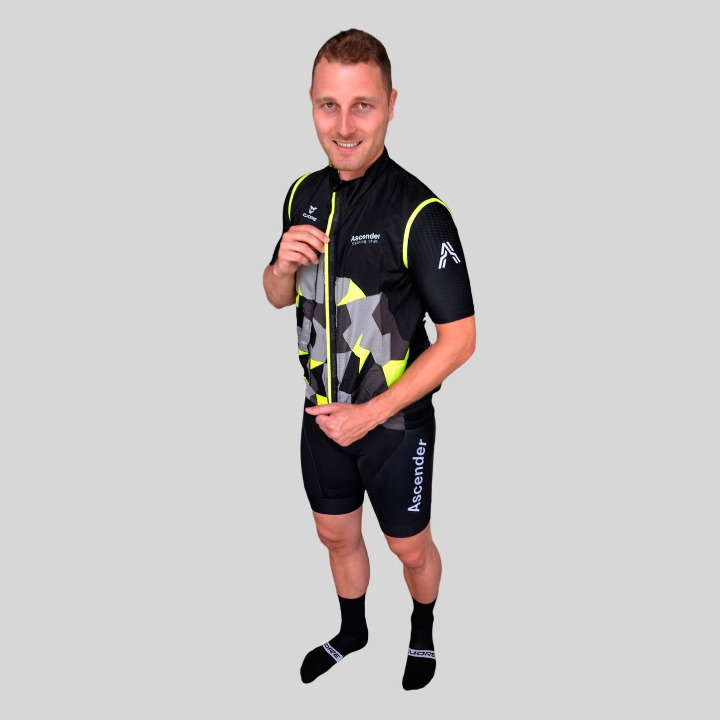 LB Camo Yellow Windshield Mesh Vest from Ascender Cycling Club and Cuore of Switzerland Global Open View