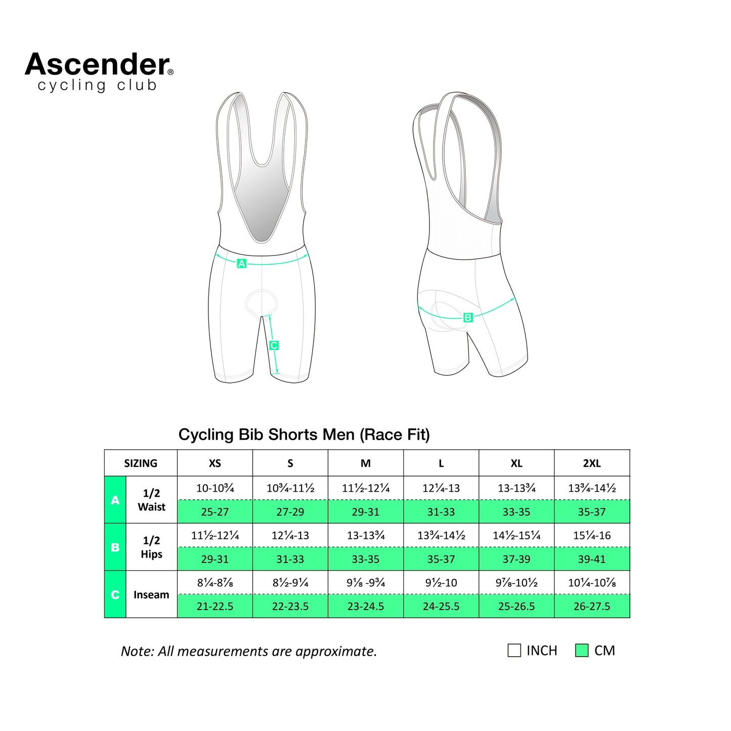 Legend Men Bib Short Black by Ascender Cycling Club Zürich in Switzerland Race Fit Size Chart