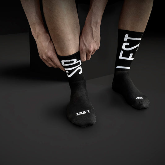 Suplest x Fingercrossed Typo Black Socks from Ascender Cycling Club in Zürich Switzerland In Context View