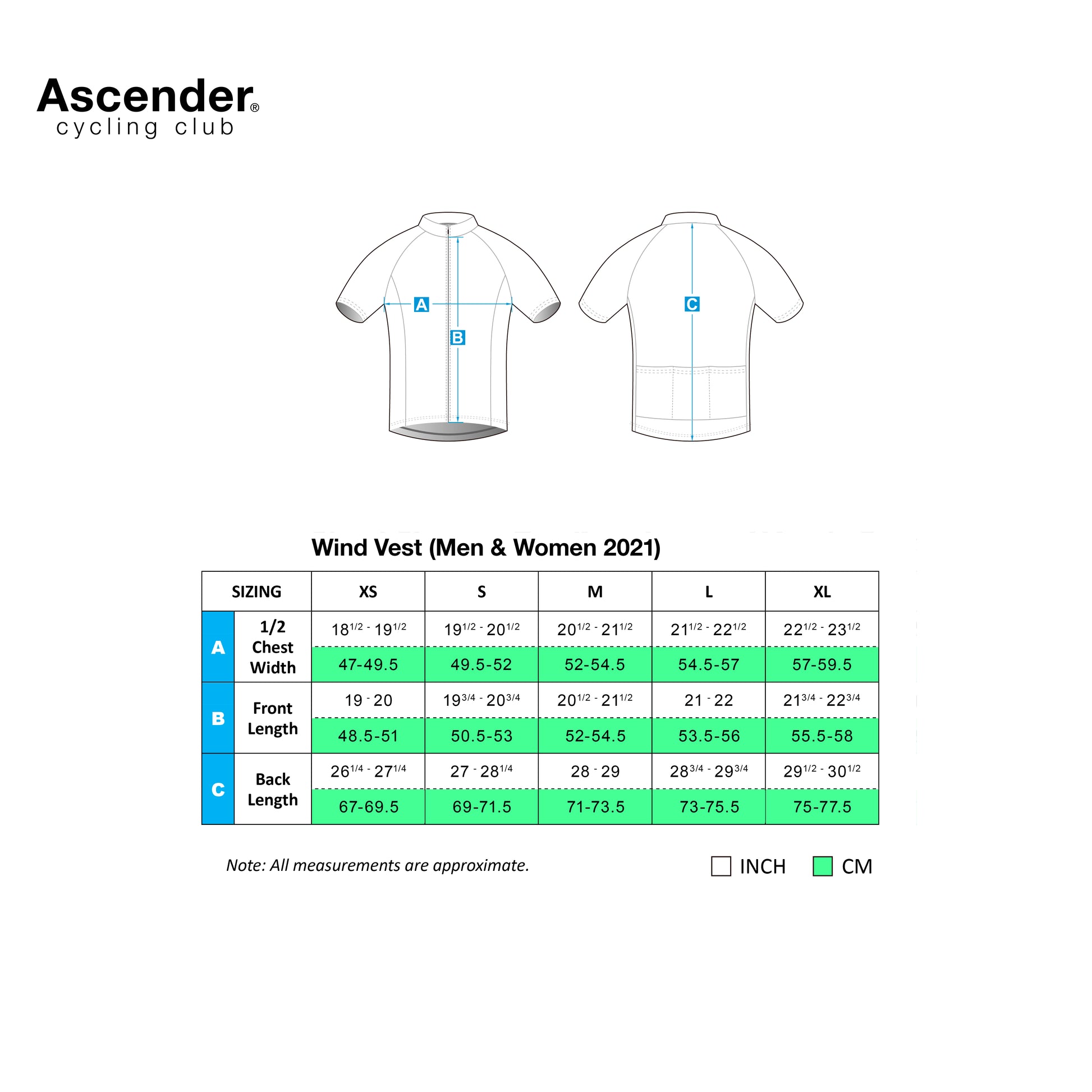 Leggera Team Vest Sustainable Cycling Wind Vest New Generation from Ascender Cycling Club Zürich Switzerland Size Chart Men & Women