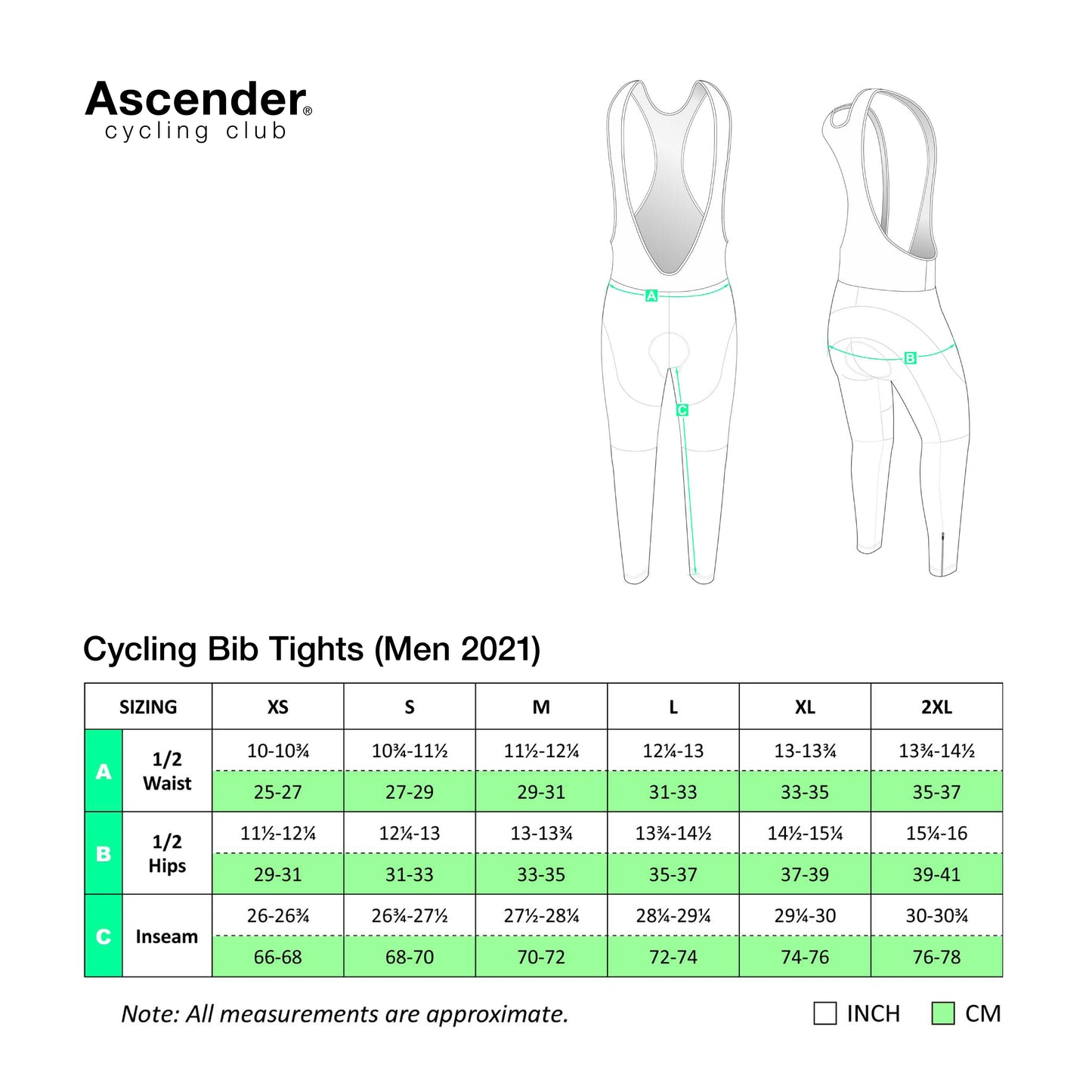 Men's Winter Thermal PRO Bib Tights Black from Ascender Cycling Club Switzerland Sizing Chart