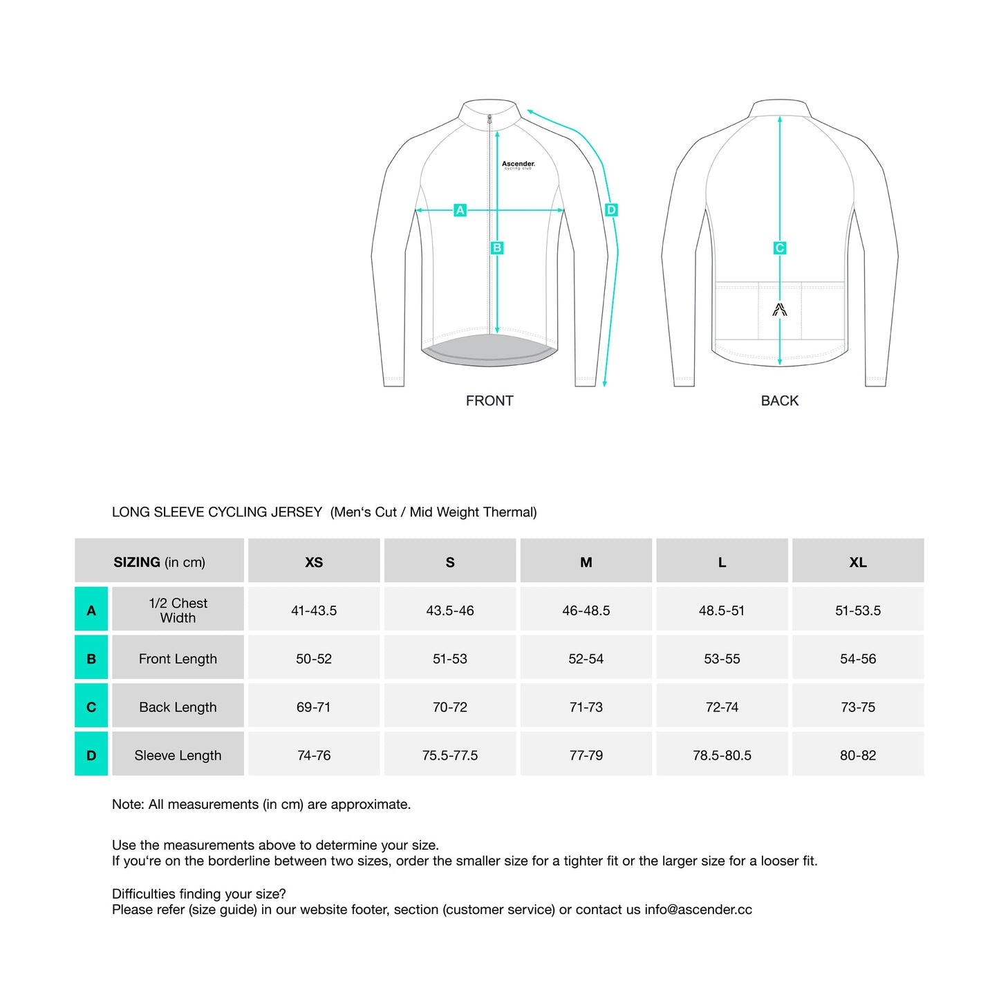 Milano Thermal Long Sleeve Jersey Black from Ascender Cycling Club Zürich Switzerland Size Chart