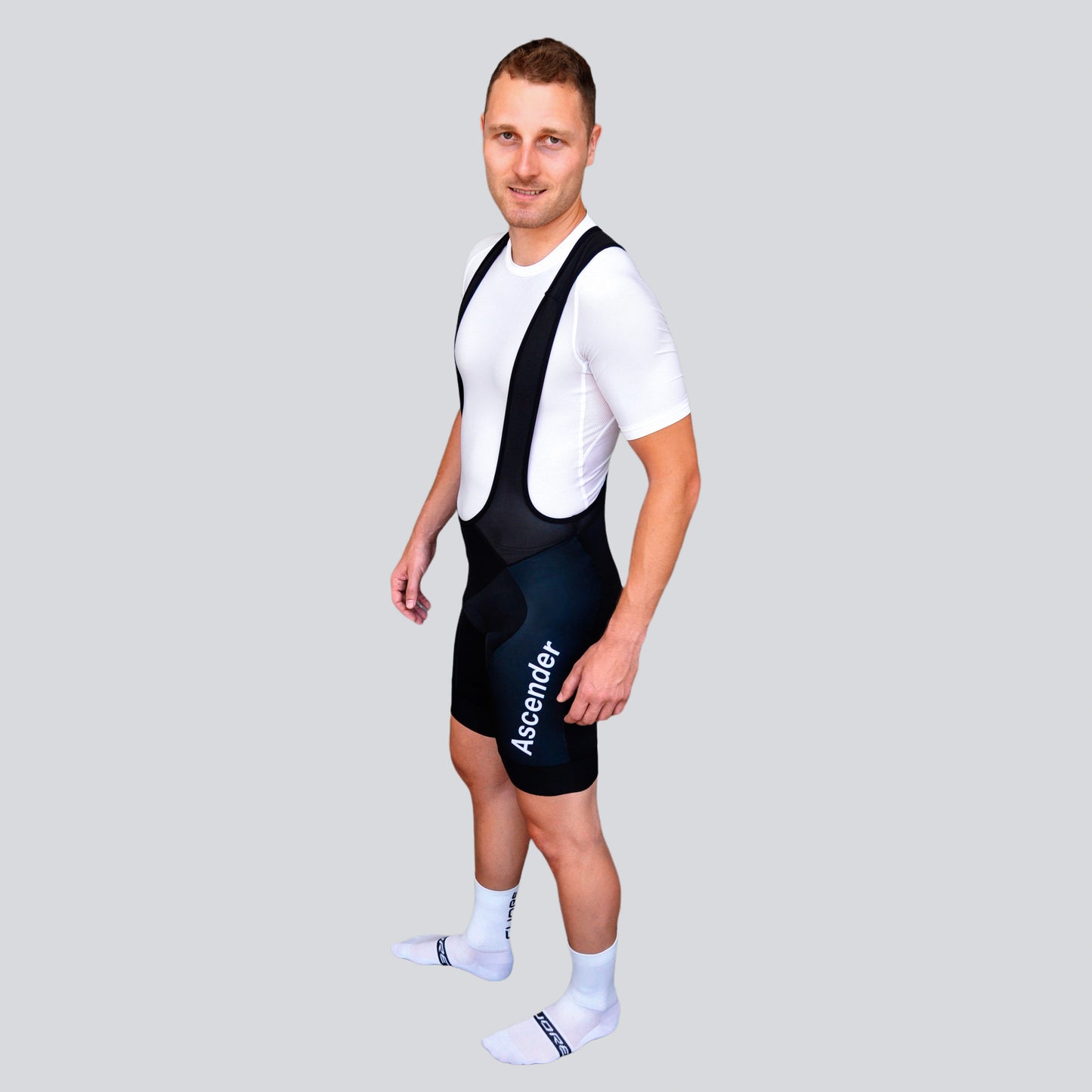 Classic Ascender Black Bib Short from Ascender Cycling Club Side View Monogram